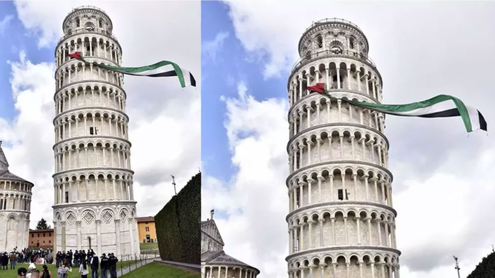 İtalya'da güvenliği delen öğrenciler Pisa Kulesi'ne Filistin bayrağı astı