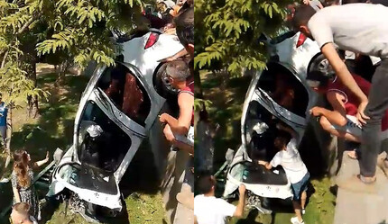Yoldan çıkan otomobilin şarampole uçmaması için vatandaşlar seferber oldu - gundem