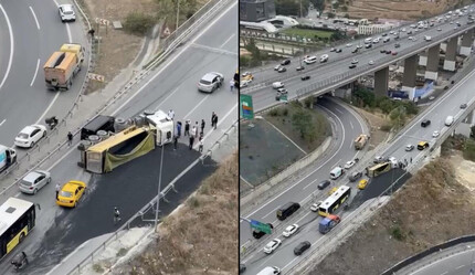 TEM Otoyolu’nda sapağı kaçıran hafriyat kamyonu devrildi! Ortalık savaş alanına döndü - gundem