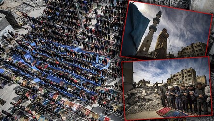 İsrail'in zulmü bir kez daha gözler önünde! Bombalanan caminin yıkıntıları arasında Cuma namazı... - dunya