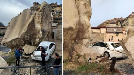 Kapadokya'da sel dehşeti! Kopan kayalar araçları ezdi - dunya