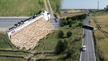 Sofraların vazgeçilmeziydi, tonlarcası ziyan oldu! İstanbul'da tır devrildi, yol kapandı, kaza havadan görüntülendi - 3-sayfa