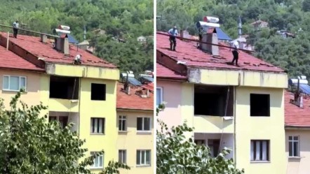 Hiçbir güvenlik önlemi yok! 5 katlı binanın çatısında yürekleri ağza getiren görüntü - 3. Sayfa
