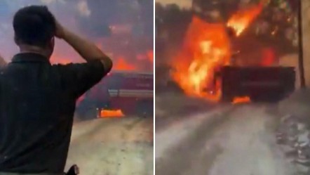 İtfaiye aracı alevlerin arasında kaldı! Canlarını zor kurtardılar, anbean kamerada - Gündem