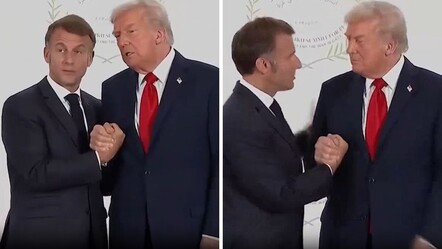 Zirveye damga vuran anlar! Trump ve Macron adeta bilek güreşine tutuştu - Dünya