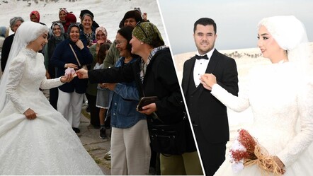 Bir daha gelinlik giymek isteyen eşini kırmadı! Turistler yeni evli sanıp, takı kuyruğu oluşturdu - Yaşam