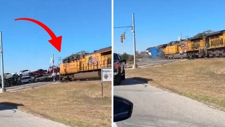 Yük treni araç dolu tırı biçti! Korkunç kaza kamerada - Dünya